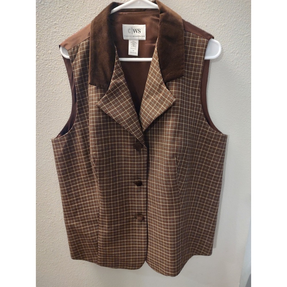CWS Casual Workstyles Brown Plaid Vest Size 1X Made in USA Tailored Career Chic